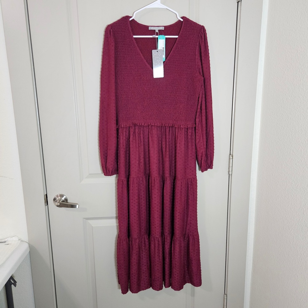 NEW Daniel Rainn Shelby V-Neck Smocked Swiss Dot Tiered Midi Dress Purple Size M